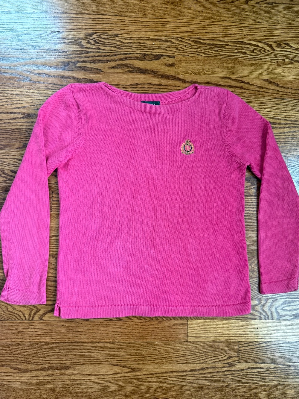 Vintage Y2K Lauren Ralph Lauren Bright Pink Crest Knit Boatneck Sweater M/L